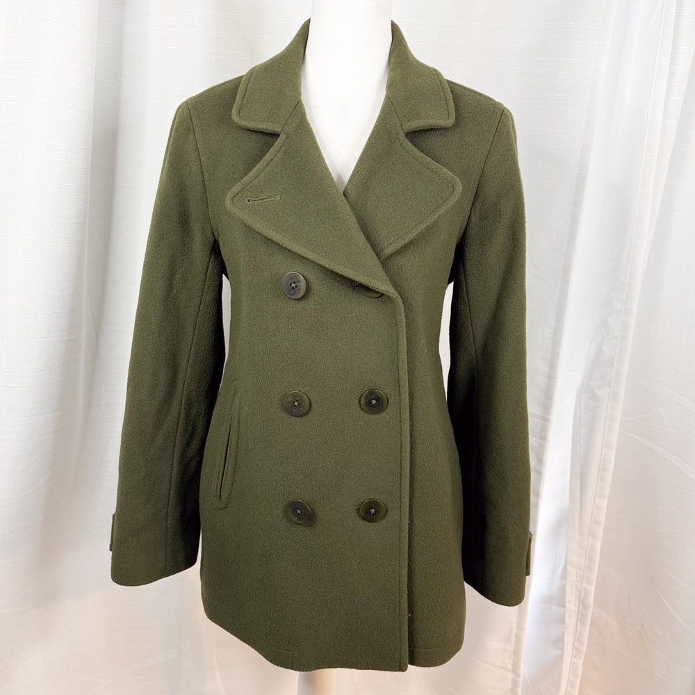 LL Bean Wool Pea Coat Womens 8 Regular Olive Green Thinsulate Bellandi Italy